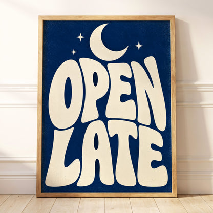 Open Late Moonlight, blue, beige minimalist wall art displayed in a styled interior, gallery view 5