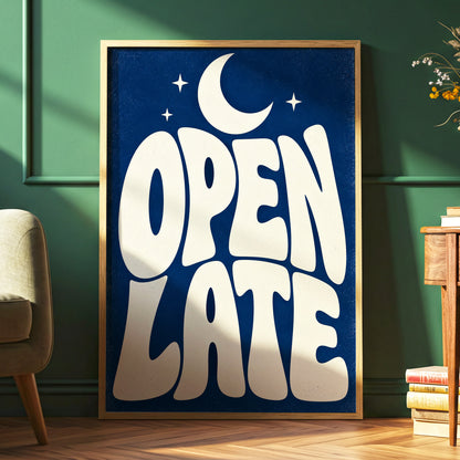 Open Late Moonlight, blue, beige minimalist wall art displayed in a styled interior, gallery view 6
