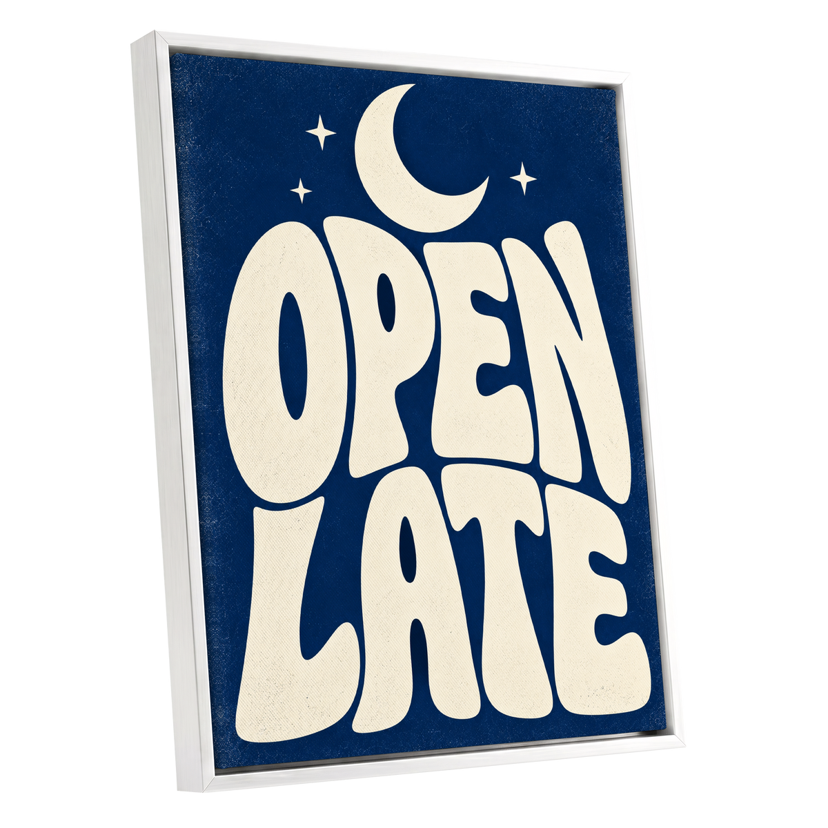 Open Late Moonlight, blue, beige minimalist wall art shown as a white framed canvas wall art