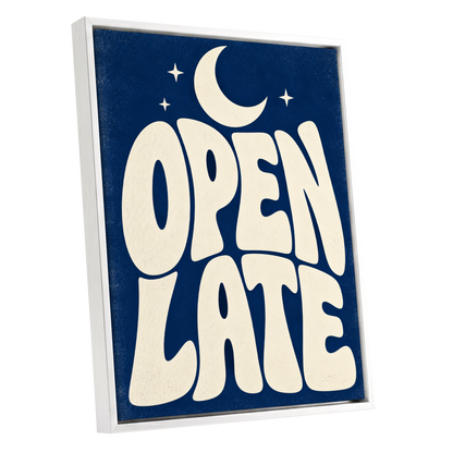 Open Late Moonlight, blue, beige minimalist wall art shown as a white framed canvas wall art