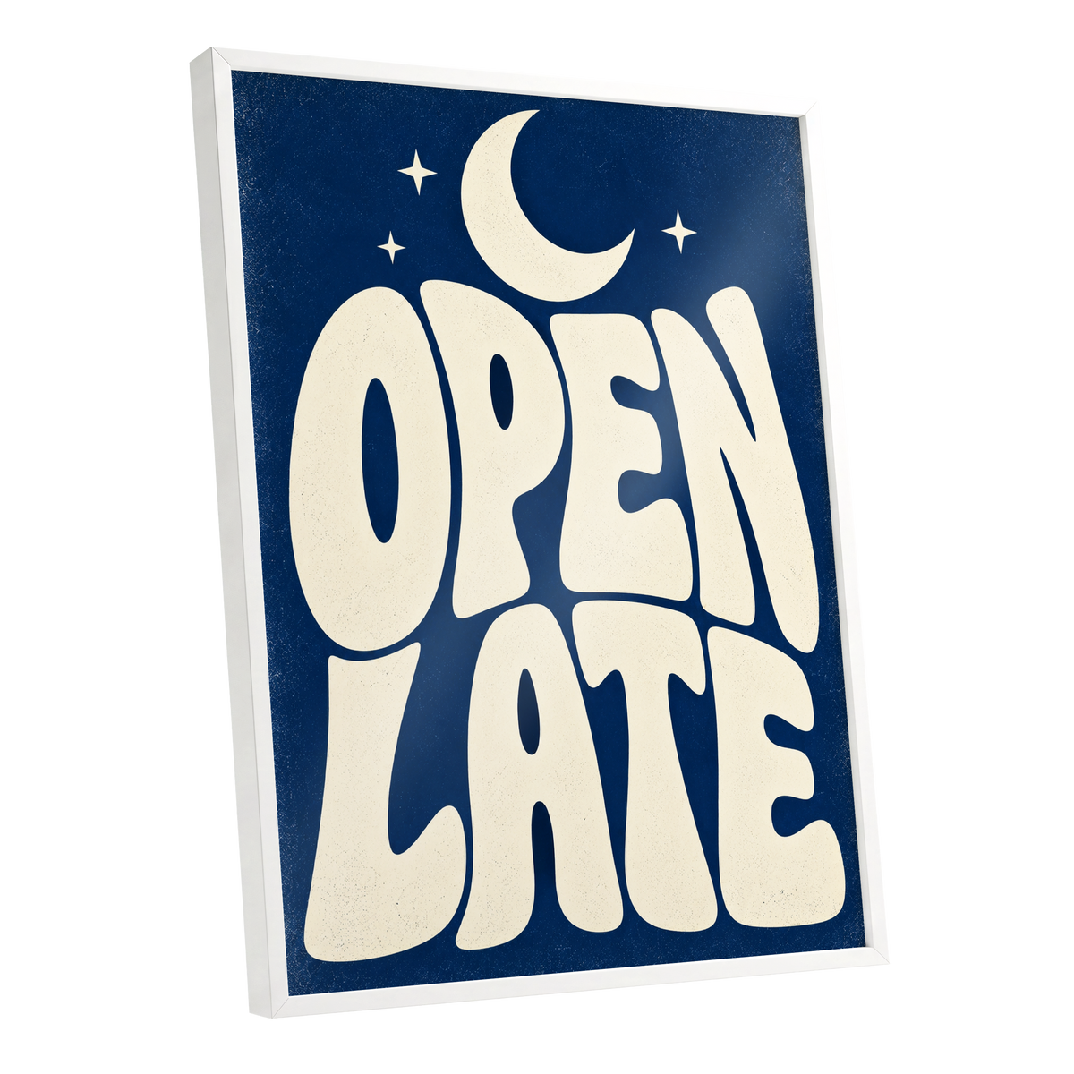 Open Late Moonlight, blue, beige minimalist wall art shown as a white framed poster wall art print