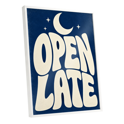 Open Late Moonlight, blue, beige minimalist wall art shown as a white framed poster wall art print