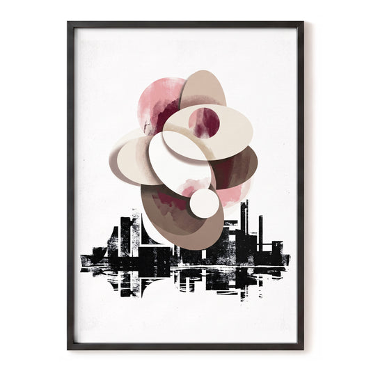 Orbit Above the Grid, white, black, beige abstract wall art, front artwork view