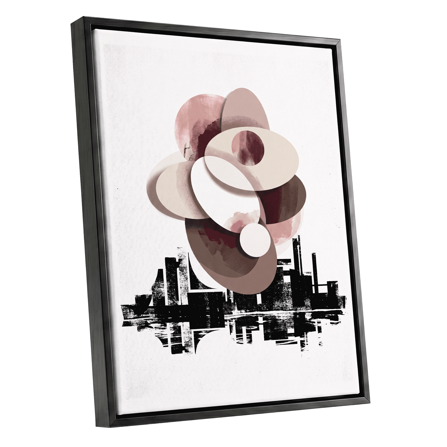 Orbit Above the Grid, white, black, beige abstract wall art shown as a black framed canvas wall art
