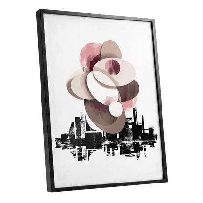 Orbit Above the Grid, white, black, beige abstract wall art shown as a black framed poster wall art print