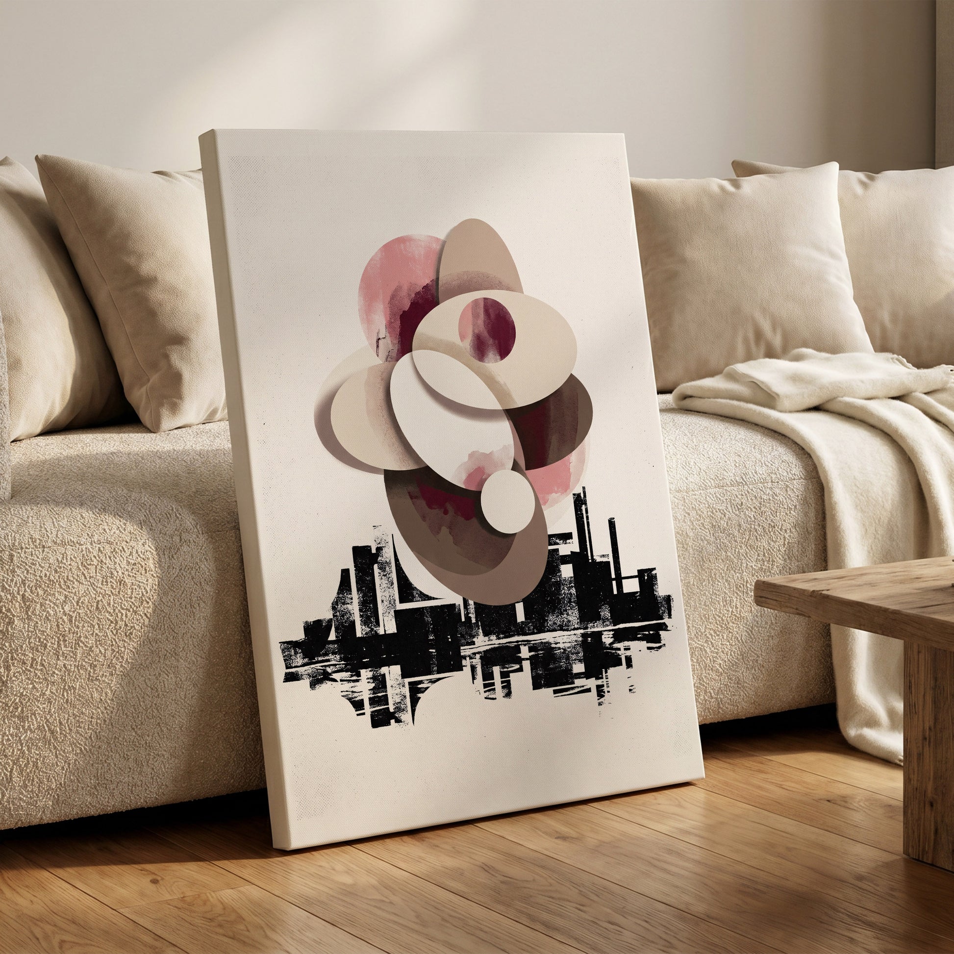 Orbit Above the Grid, white, black, beige abstract wall art on canvas displayed in a styled interior, gallery view 1