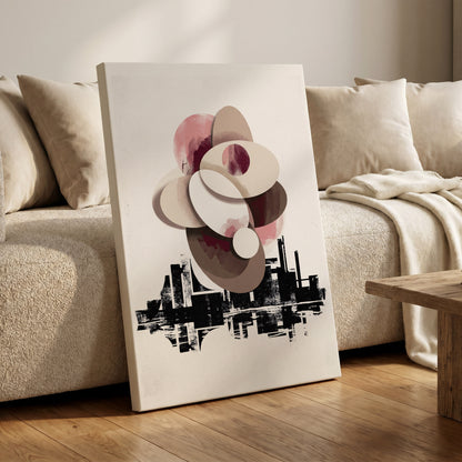 Orbit Above the Grid, white, black, beige abstract wall art on canvas displayed in a styled interior, gallery view 1
