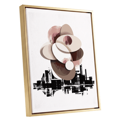 Orbit Above the Grid, white, black, beige abstract wall art shown as a gold framed canvas wall art