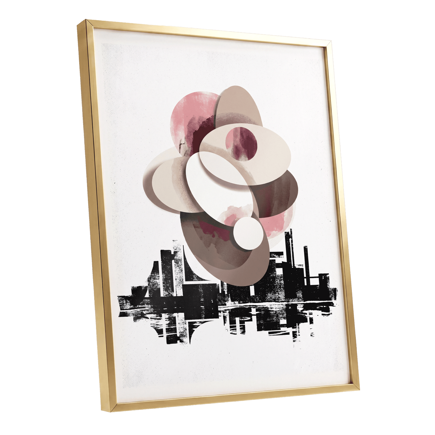 Orbit Above the Grid, white, black, beige abstract wall art shown as a gold framed poster wall art print