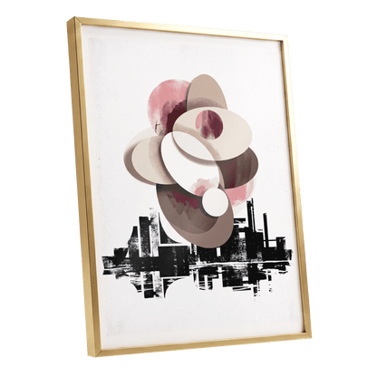 Orbit Above the Grid, white, black, beige abstract wall art shown as a gold framed poster wall art print