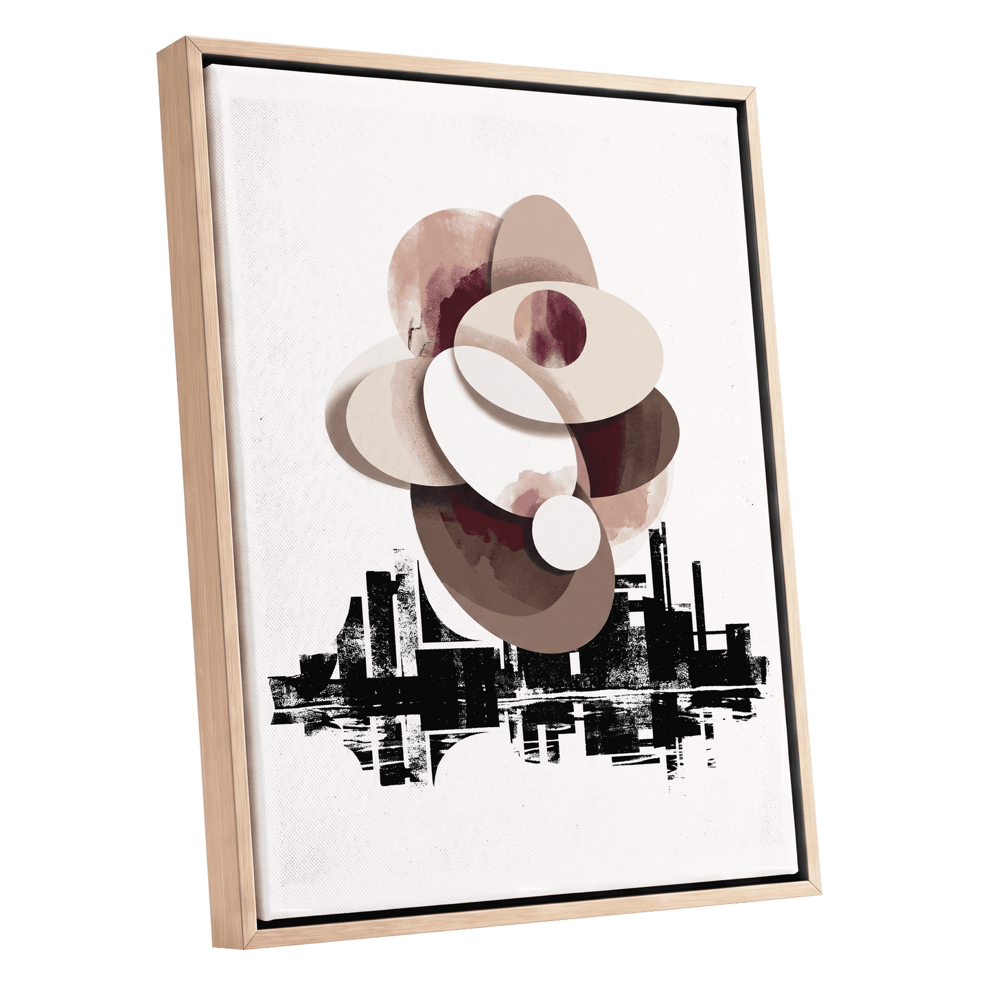 Orbit Above the Grid, white, black, beige abstract wall art shown as a oak framed canvas wall art