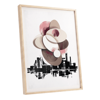 Orbit Above the Grid, white, black, beige abstract wall art shown as a oak framed poster wall art print
