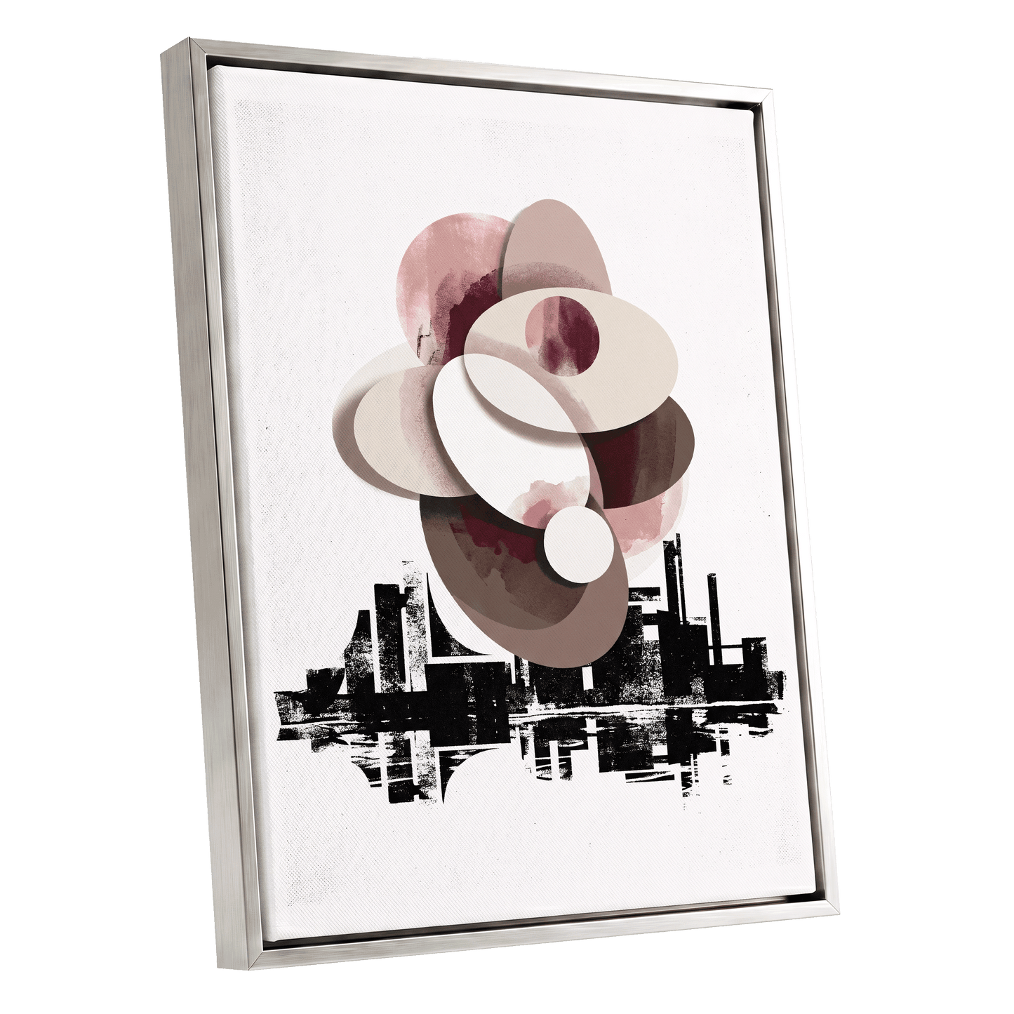 Orbit Above the Grid, white, black, beige abstract wall art shown as a silver framed canvas wall art