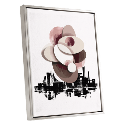 Orbit Above the Grid, white, black, beige abstract wall art shown as a silver framed canvas wall art