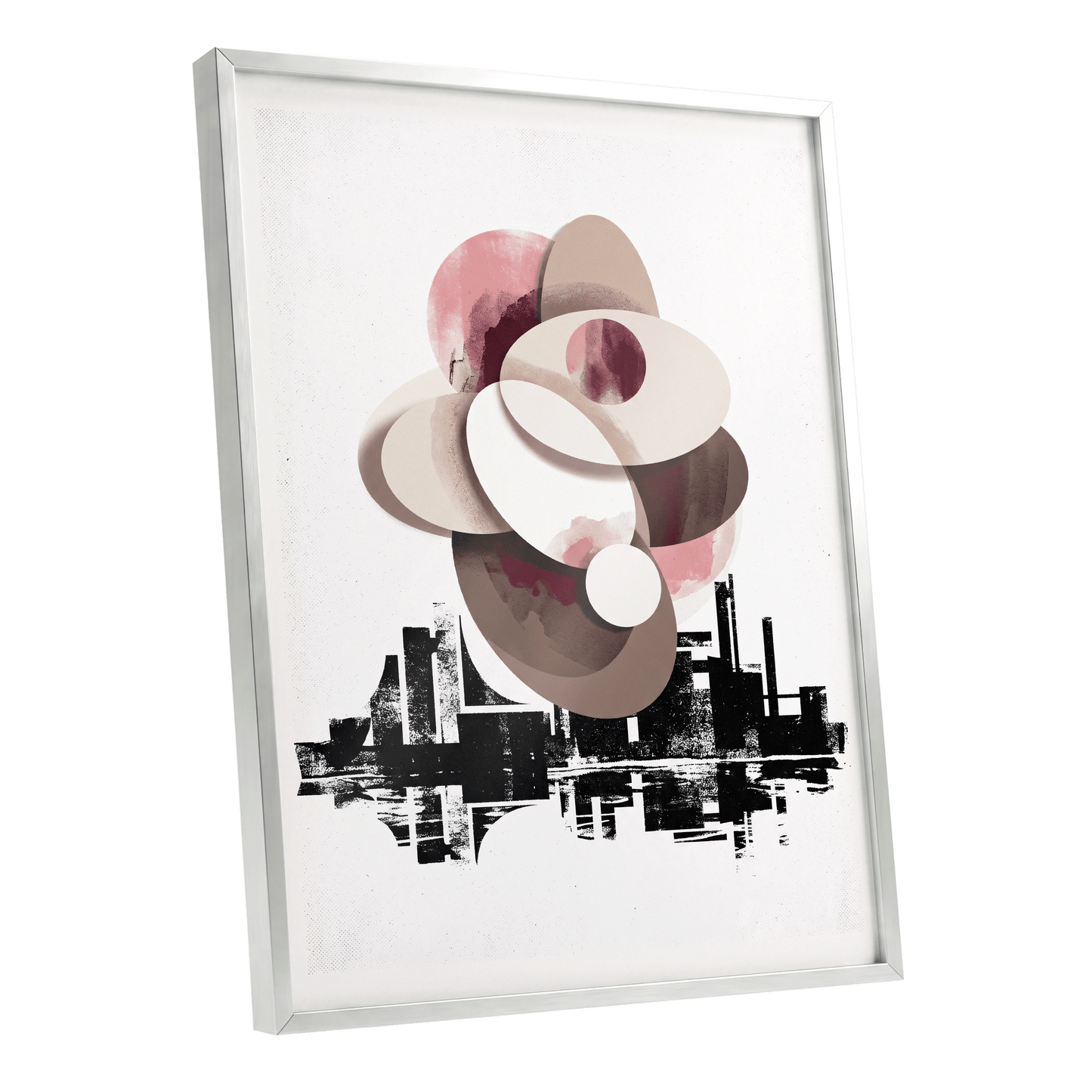 Orbit Above the Grid, white, black, beige abstract wall art shown as a silver framed poster wall art print