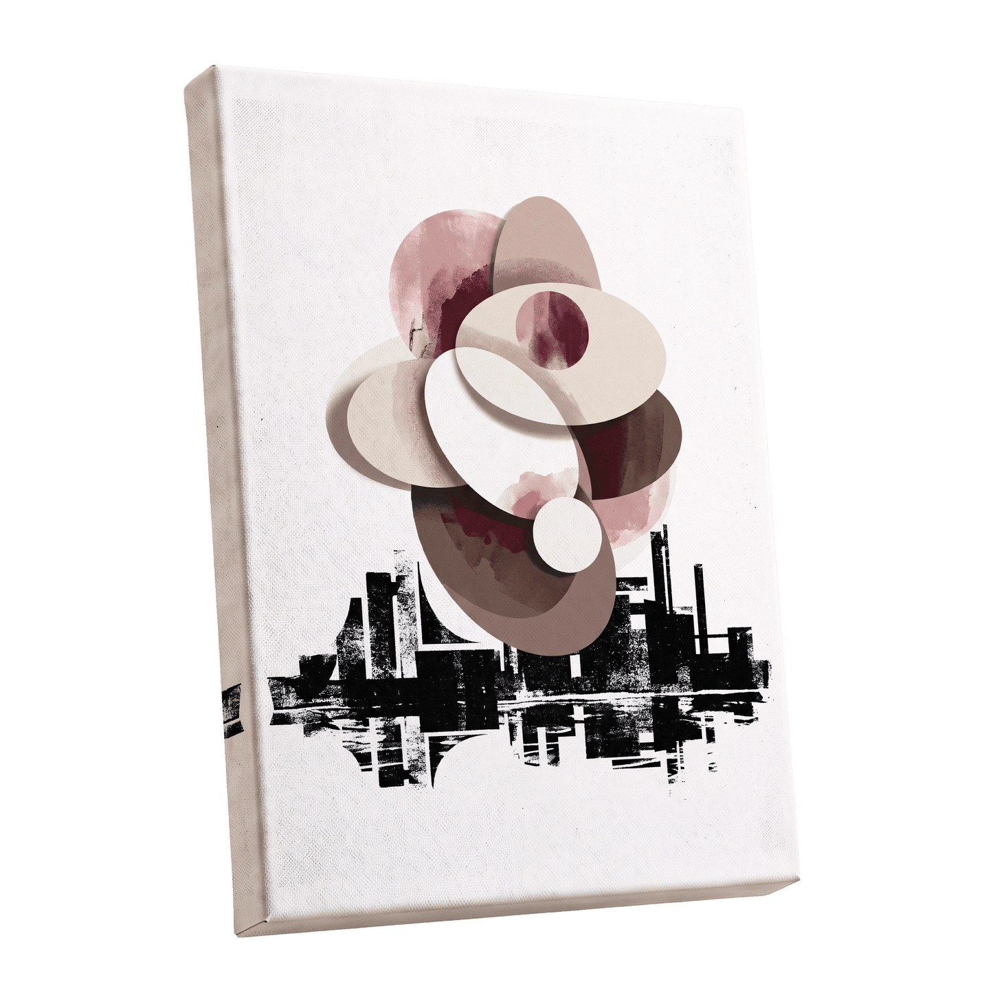 Orbit Above the Grid, white, black, beige abstract wall art shown as a stretched canvas wall art