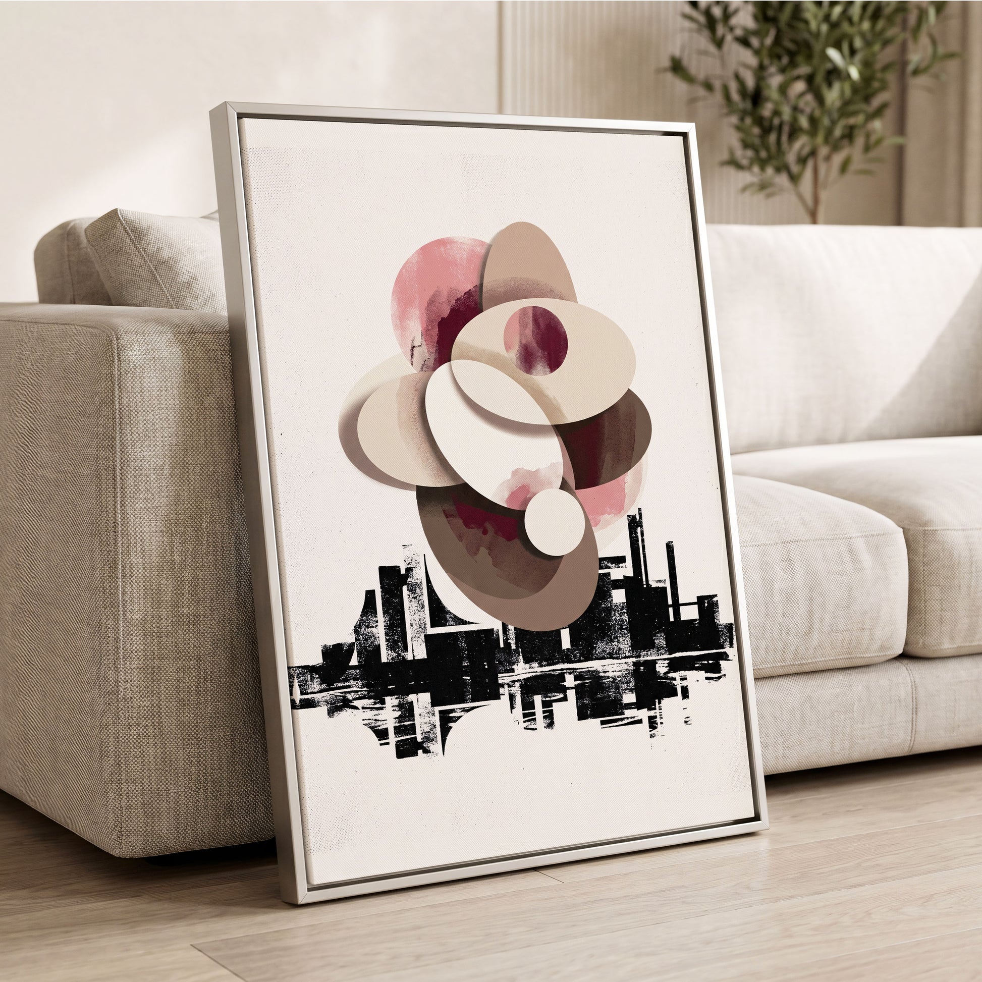 Orbit Above the Grid, white, black, beige abstract wall art displayed in a styled interior, gallery view 2