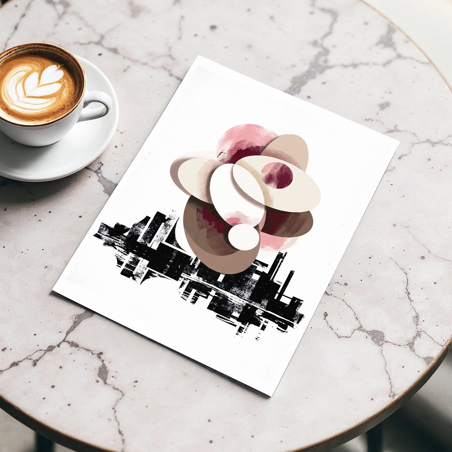 Orbit Above the Grid, white, black, beige abstract wall art displayed in a styled interior, gallery view 3