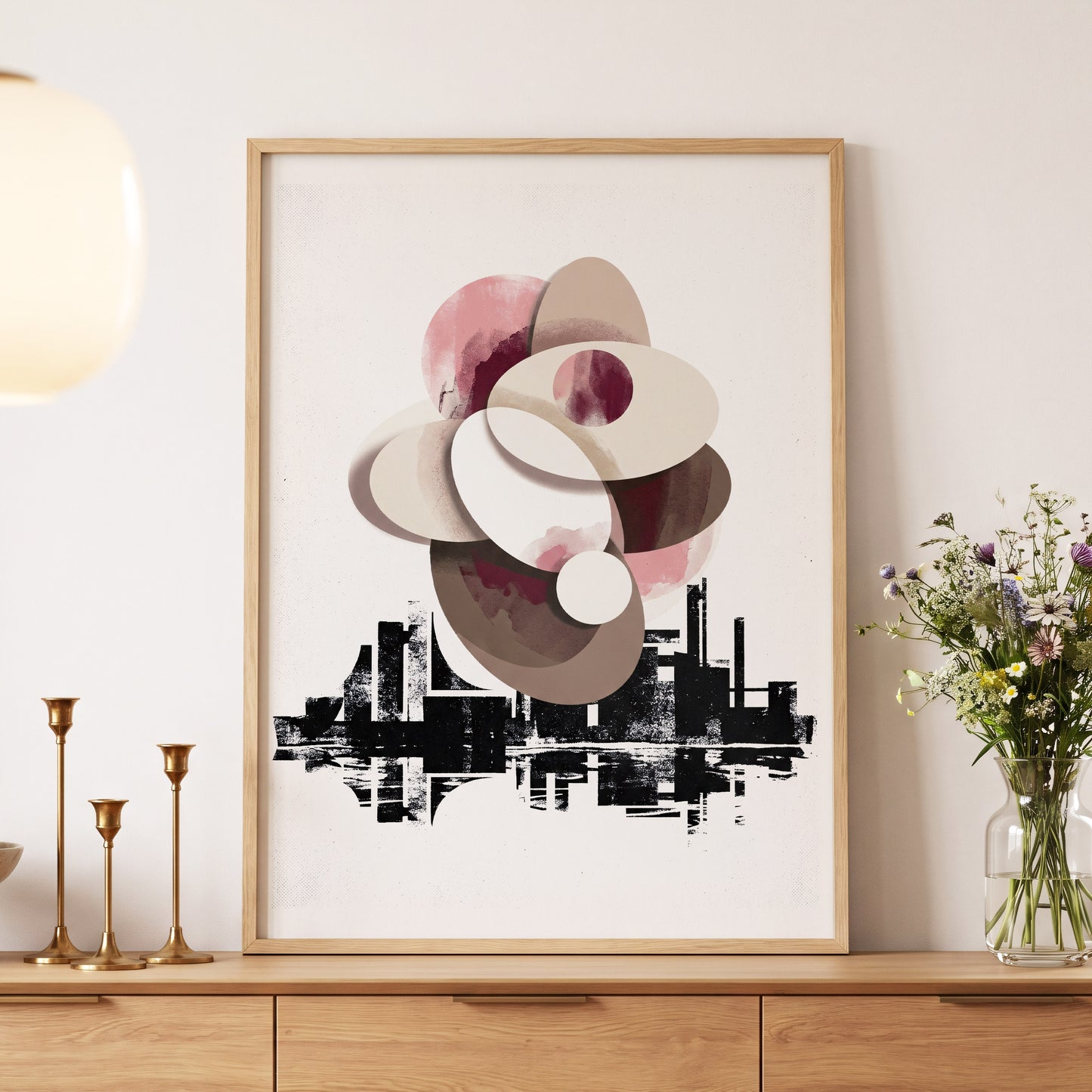 Orbit Above the Grid, white, black, beige abstract wall art displayed in a styled interior, gallery view 4
