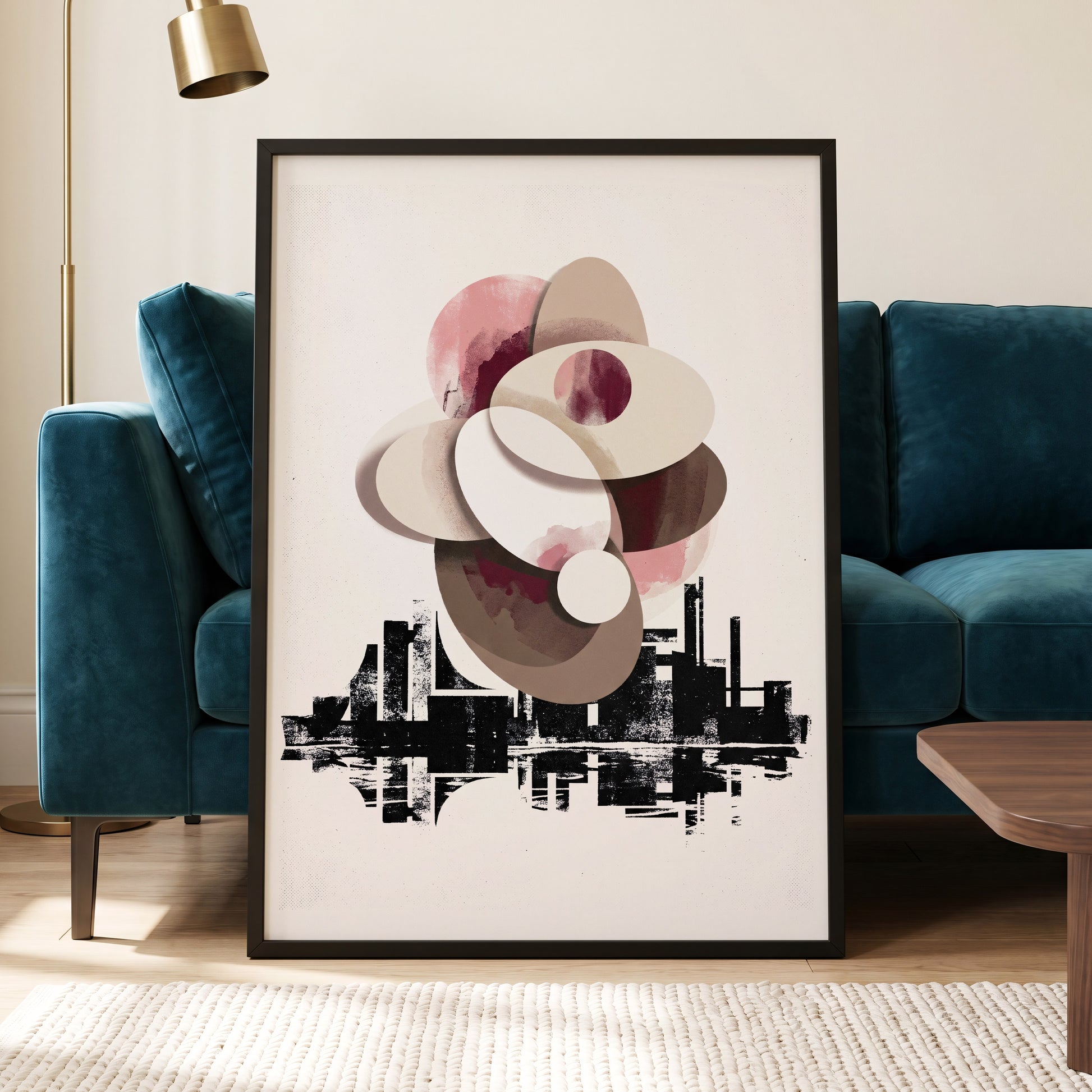 Orbit Above the Grid, white, black, beige abstract wall art displayed in a styled interior, gallery view 5