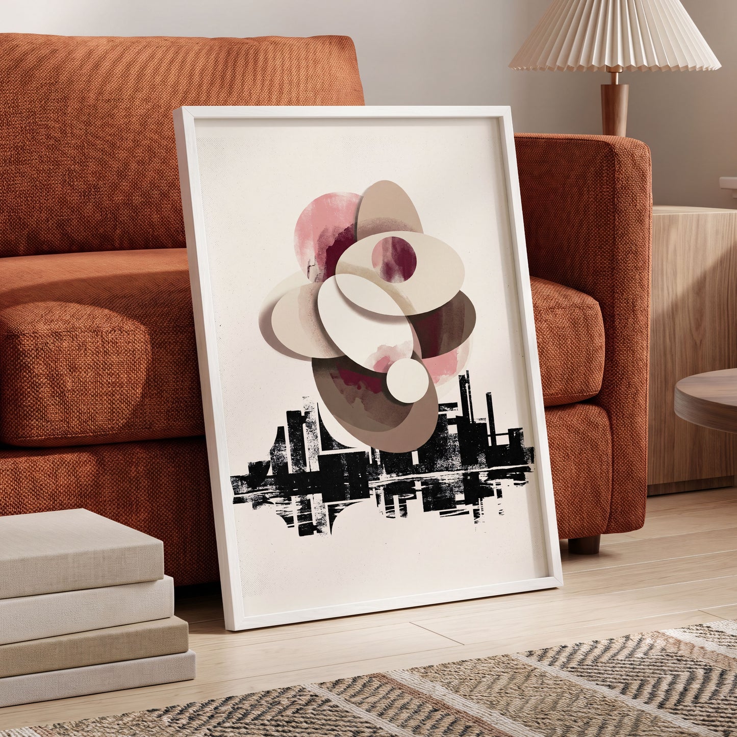 Orbit Above the Grid, white, black, beige abstract wall art displayed in a styled interior, gallery view 6