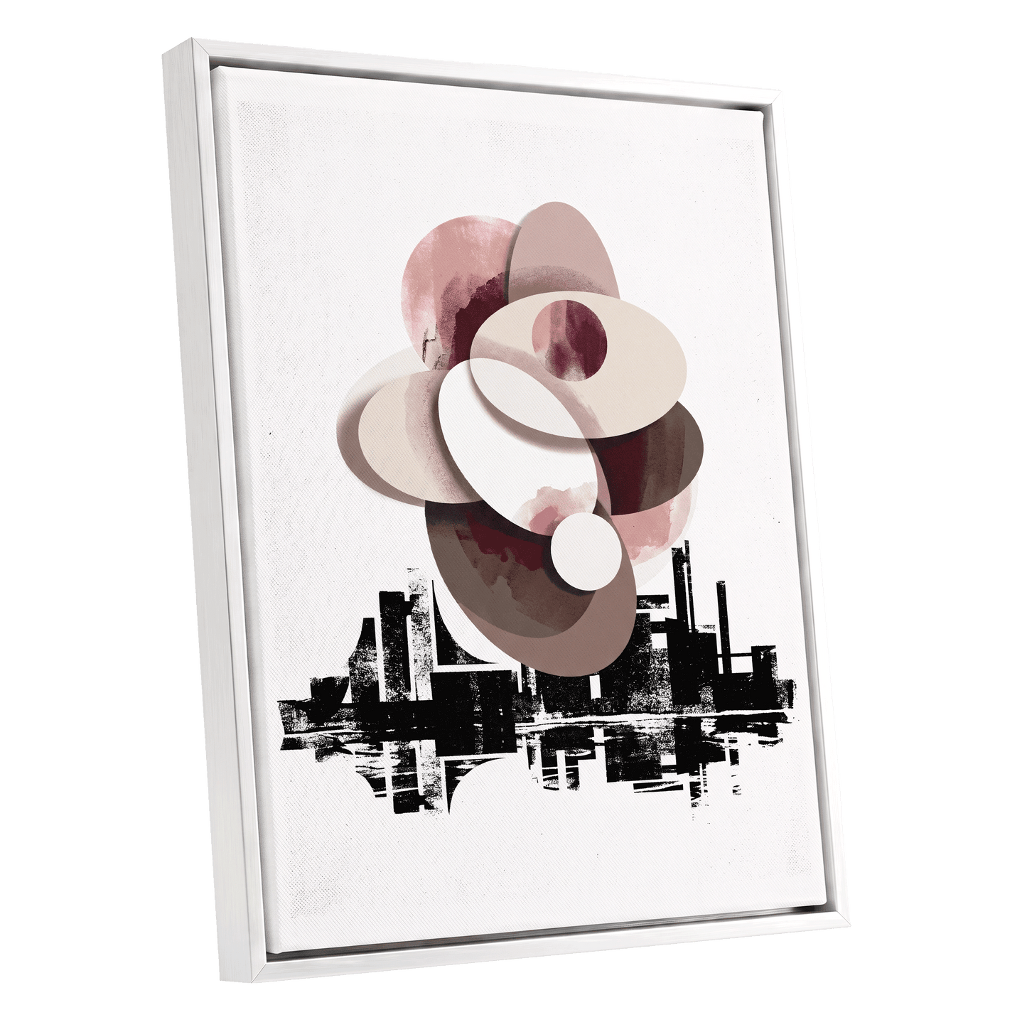Orbit Above the Grid, white, black, beige abstract wall art shown as a white framed canvas wall art