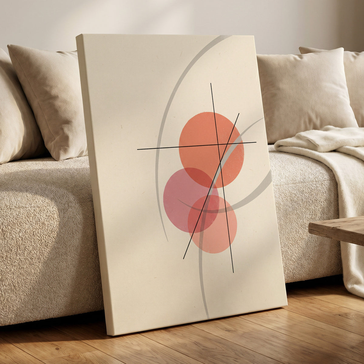 Orbit in Blush, pink, beige, gray abstract wall art on canvas displayed in a styled interior, gallery view 1