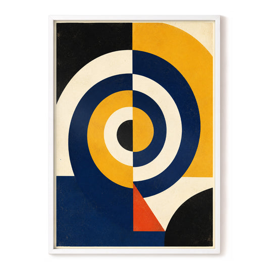 Orbit in Ochre, blue, gold, beige abstract wall art, front artwork view