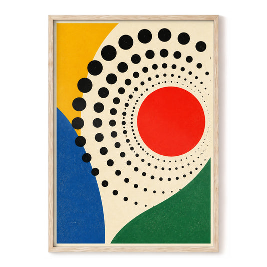 Orbit in Primary Colour, beige, black, red abstract wall art, front artwork view