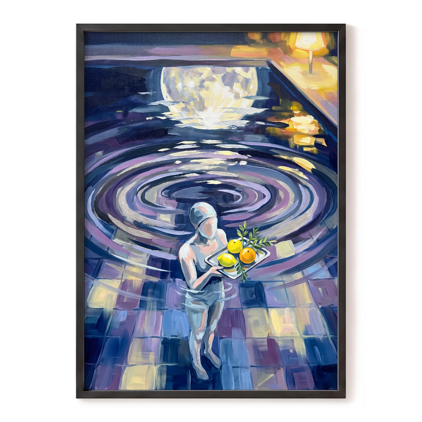 Orbit of Citrus, blue, purple, gray abstract wall art, front artwork view