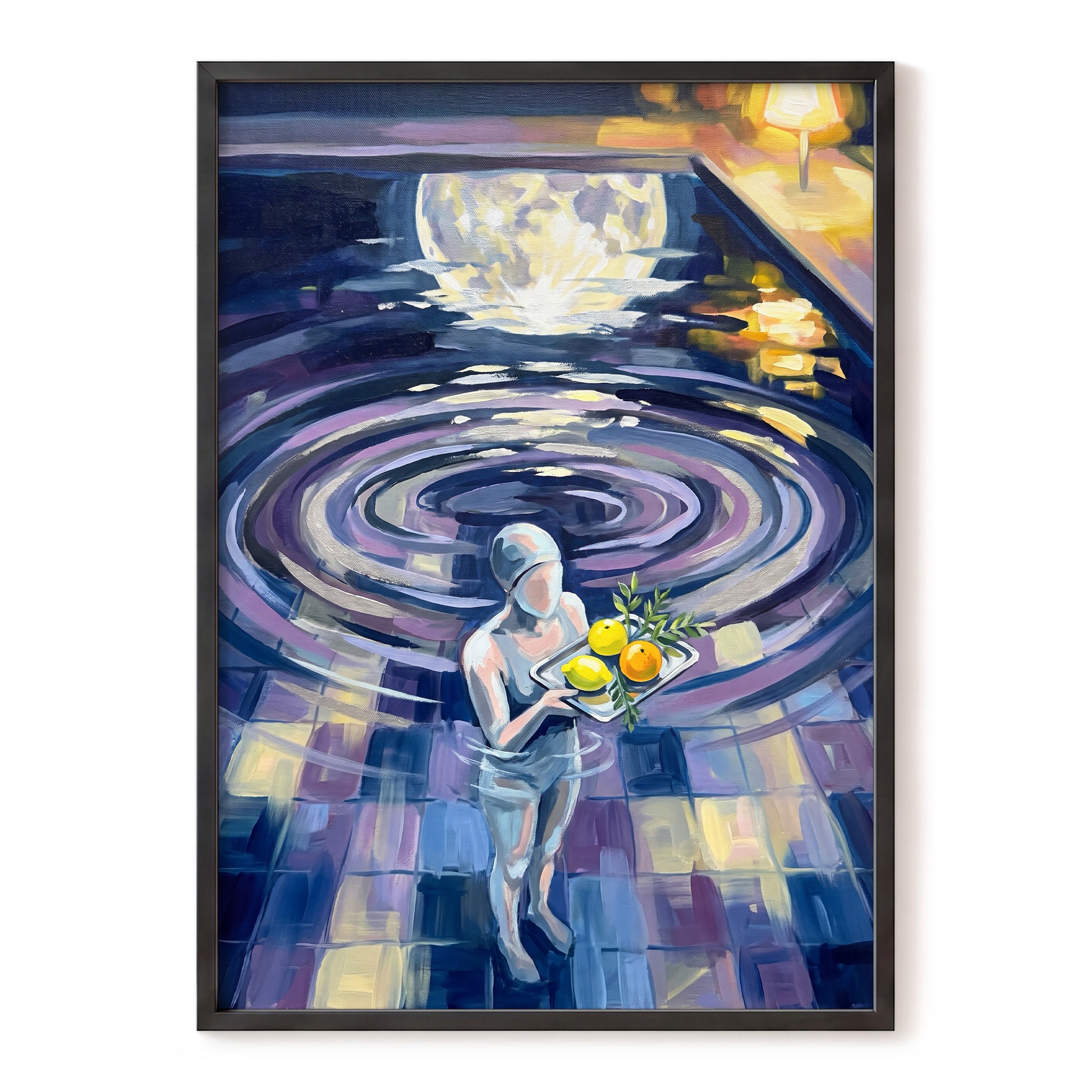 Orbit of Citrus, blue, purple, gray abstract wall art, front artwork view