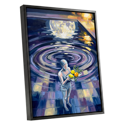 Orbit of Citrus, blue, purple, gray abstract wall art shown as a black framed canvas wall art