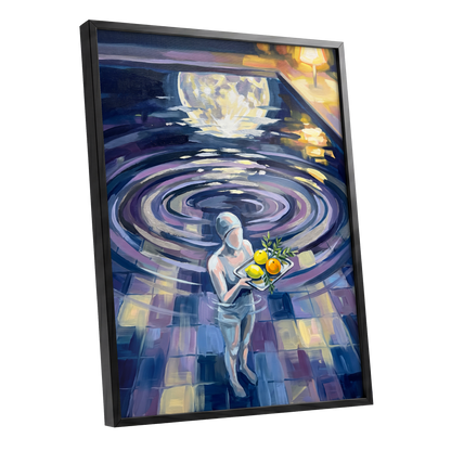 Orbit of Citrus, blue, purple, gray abstract wall art shown as a black framed poster wall art print