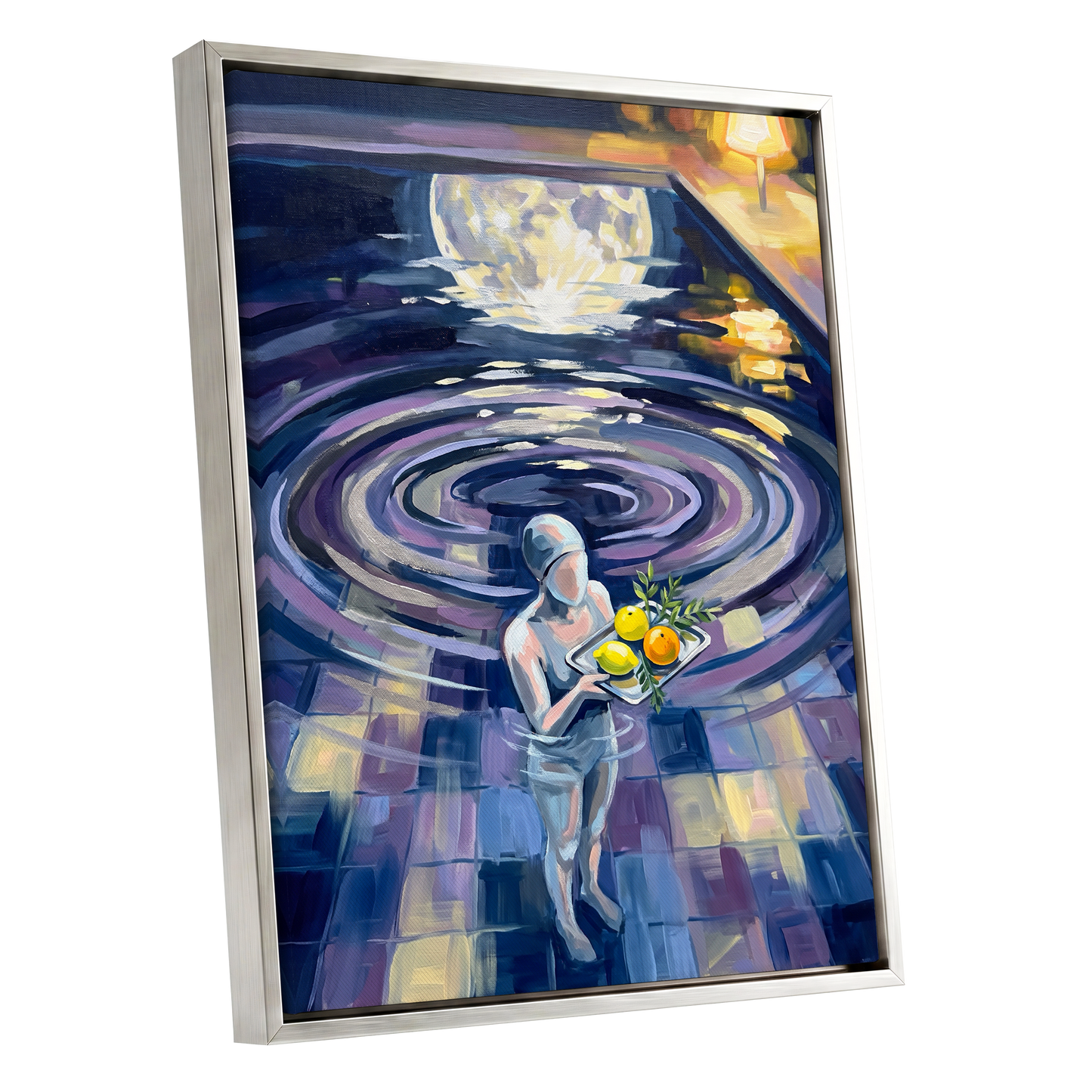 Orbit of Citrus, blue, purple, gray abstract wall art shown as a silver framed canvas wall art