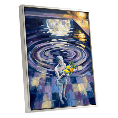 Orbit of Citrus, blue, purple, gray abstract wall art shown as a silver framed canvas wall art