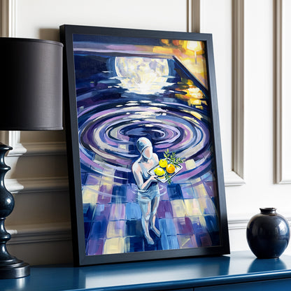 Orbit of Citrus, blue, purple, gray abstract wall art displayed in a styled interior, gallery view 2