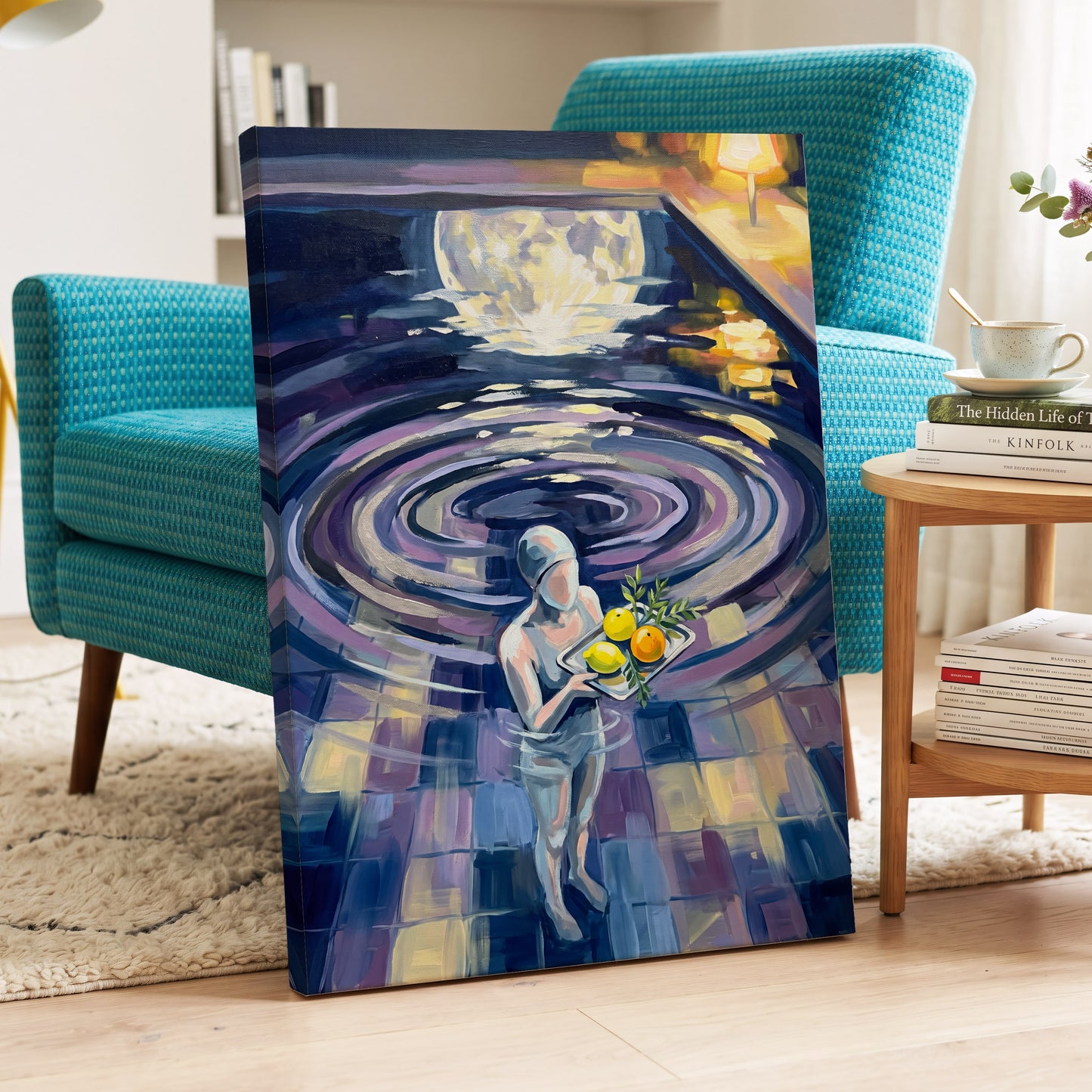 Orbit of Citrus, blue, purple, gray abstract wall art displayed in a styled interior, gallery view 3