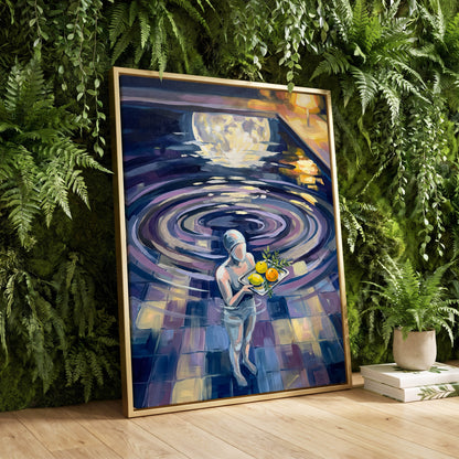 Orbit of Citrus, blue, purple, gray abstract wall art displayed in a styled interior, gallery view 4