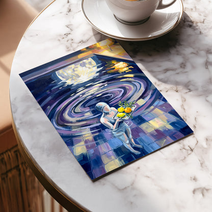 Orbit of Citrus, blue, purple, gray abstract wall art displayed in a styled interior, gallery view 5