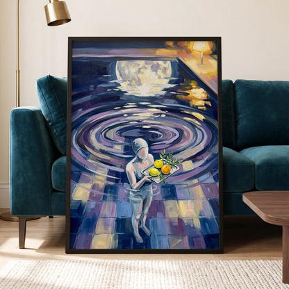 Orbit of Citrus, blue, purple, gray abstract wall art displayed in a styled interior, gallery view 6
