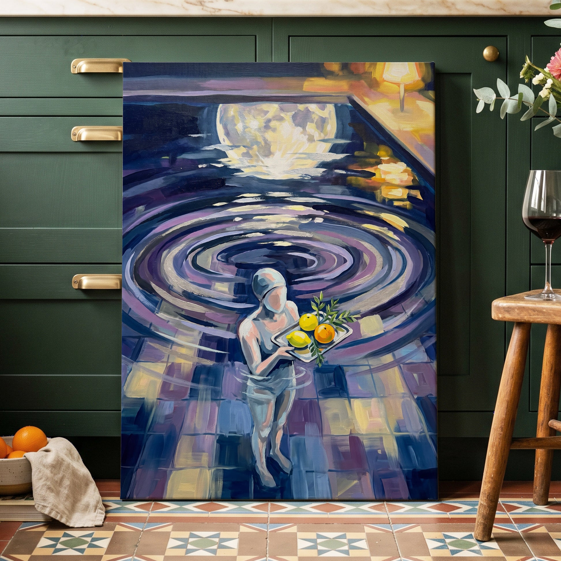 Orbit of Citrus, blue, purple, gray abstract wall art displayed in a styled interior, gallery view 7