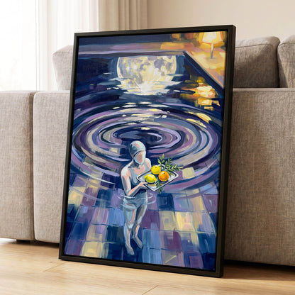 Orbit of Citrus, blue, purple, gray abstract wall art displayed in a styled interior, gallery view 8
