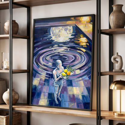 Orbit of Citrus, blue, purple, gray abstract wall art displayed in a styled interior, gallery view 9