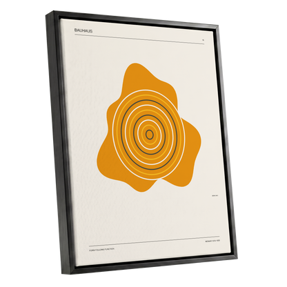 Orbit of Form, orange, beige, black abstract wall art shown as a black framed canvas wall art
