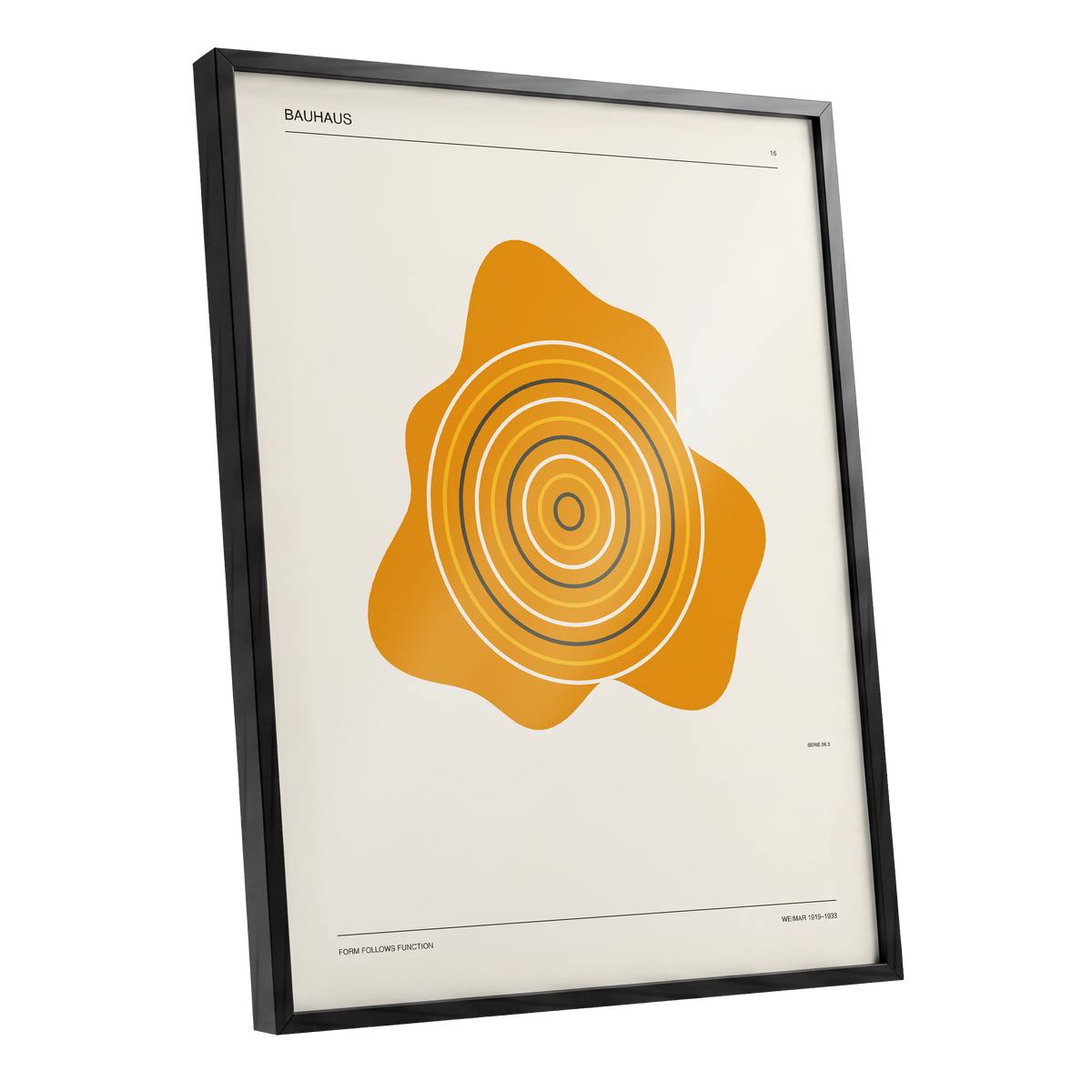 Orbit of Form, orange, beige, black abstract wall art shown as a black framed poster wall art print
