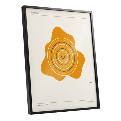 Orbit of Form, orange, beige, black abstract wall art shown as a black framed poster wall art print