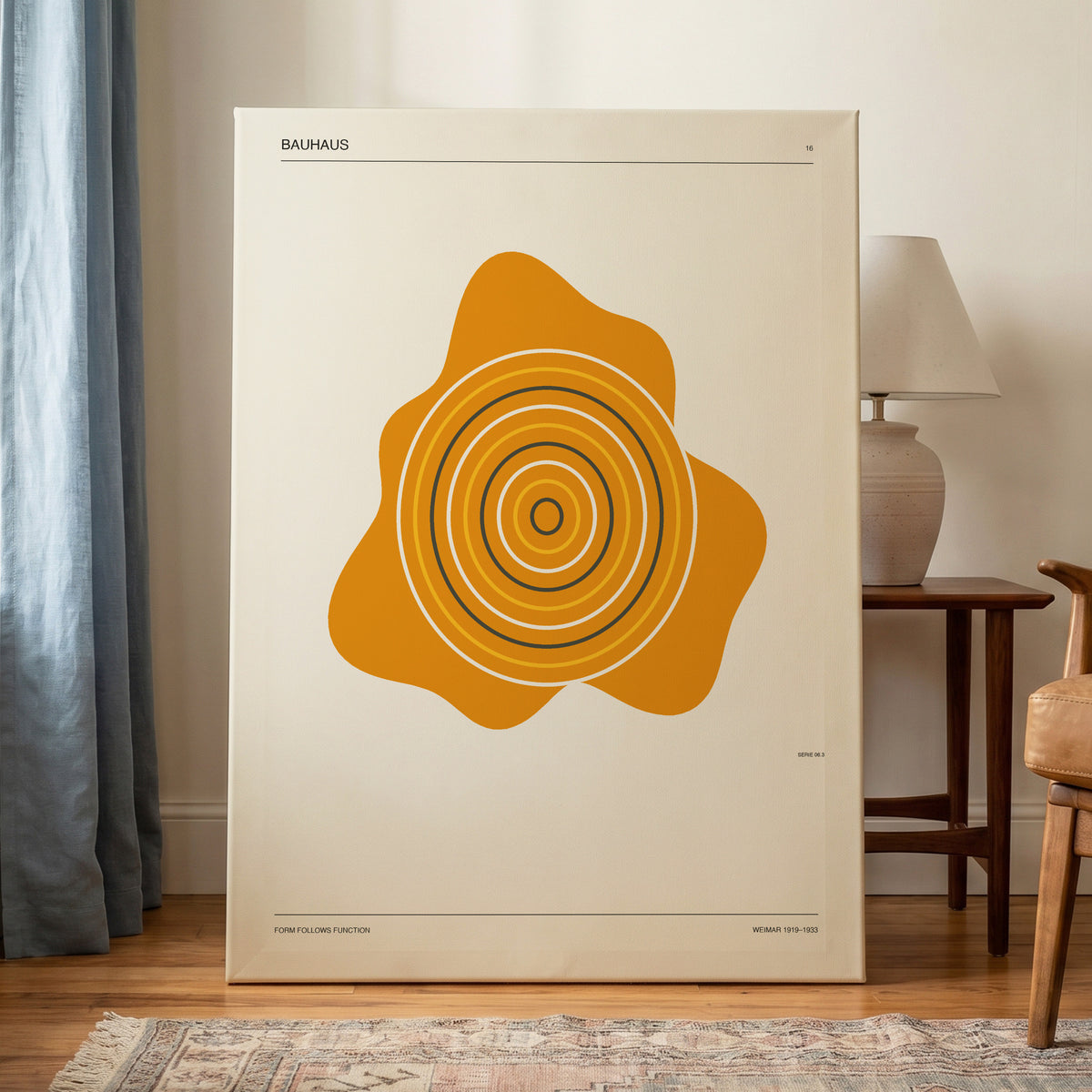 Orbit of Form, orange, beige, black abstract wall art on canvas displayed in a styled interior, gallery view 1