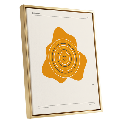 Orbit of Form, orange, beige, black abstract wall art shown as a gold framed canvas wall art