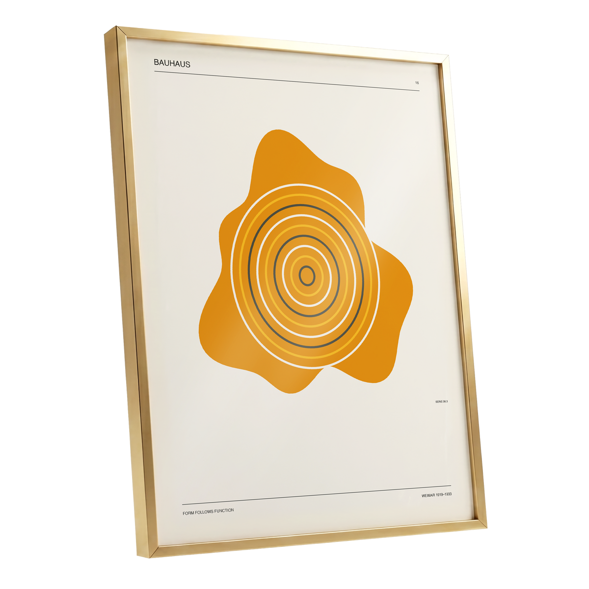 Orbit of Form, orange, beige, black abstract wall art shown as a gold framed poster wall art print