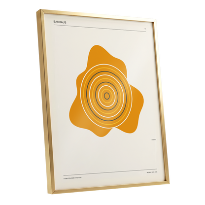 Orbit of Form, orange, beige, black abstract wall art shown as a gold framed poster wall art print